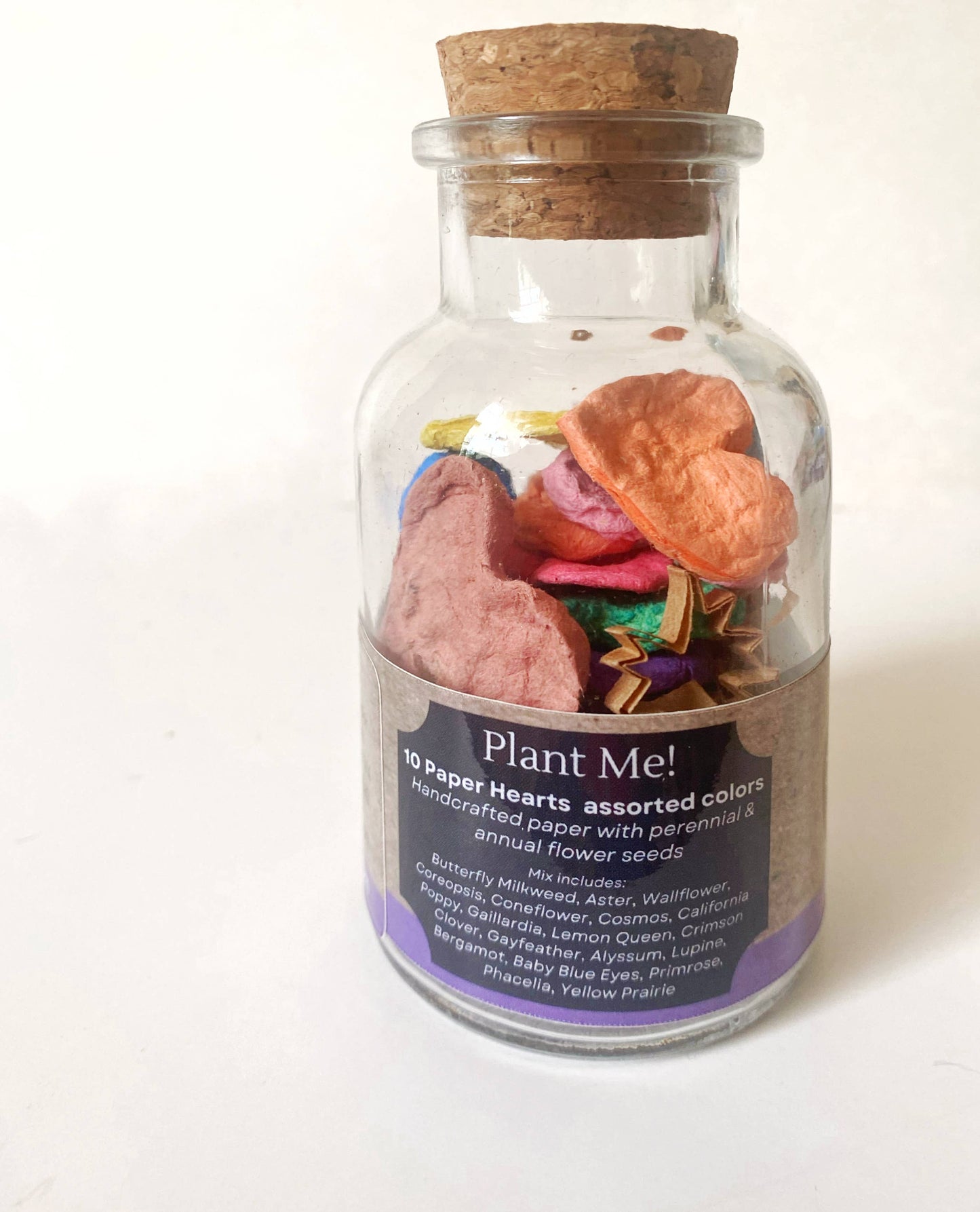 Wildflower Seed Paper Hearts in glass jar with cork lid