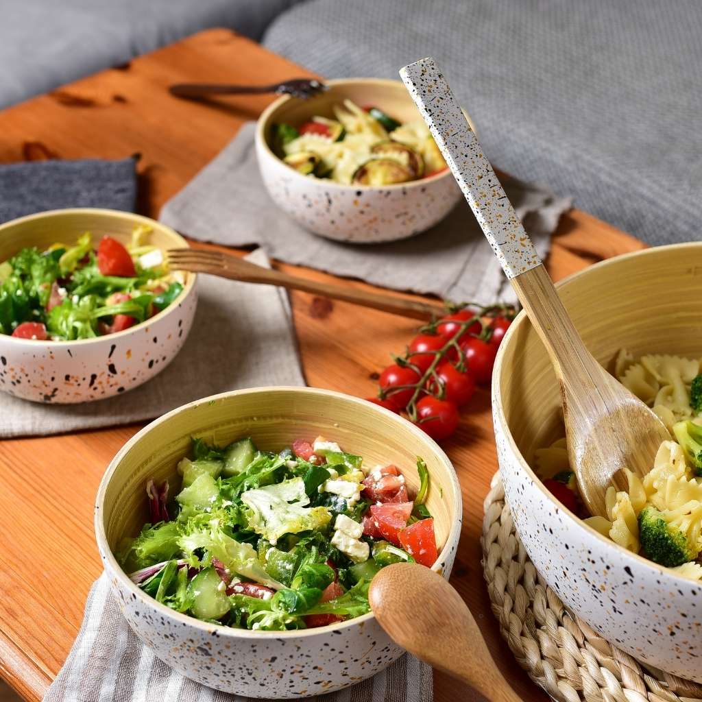 Bamboo Salad Server Set | Wooden Salad Tongs (Spoon & Fork): White