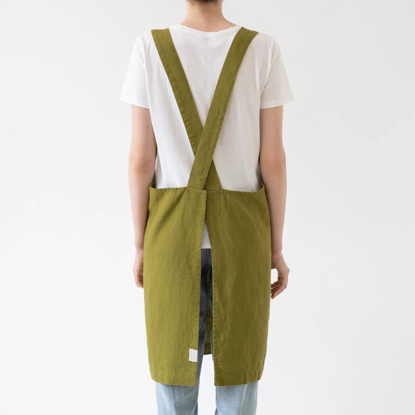 Moss Green Linen Crossback Apron