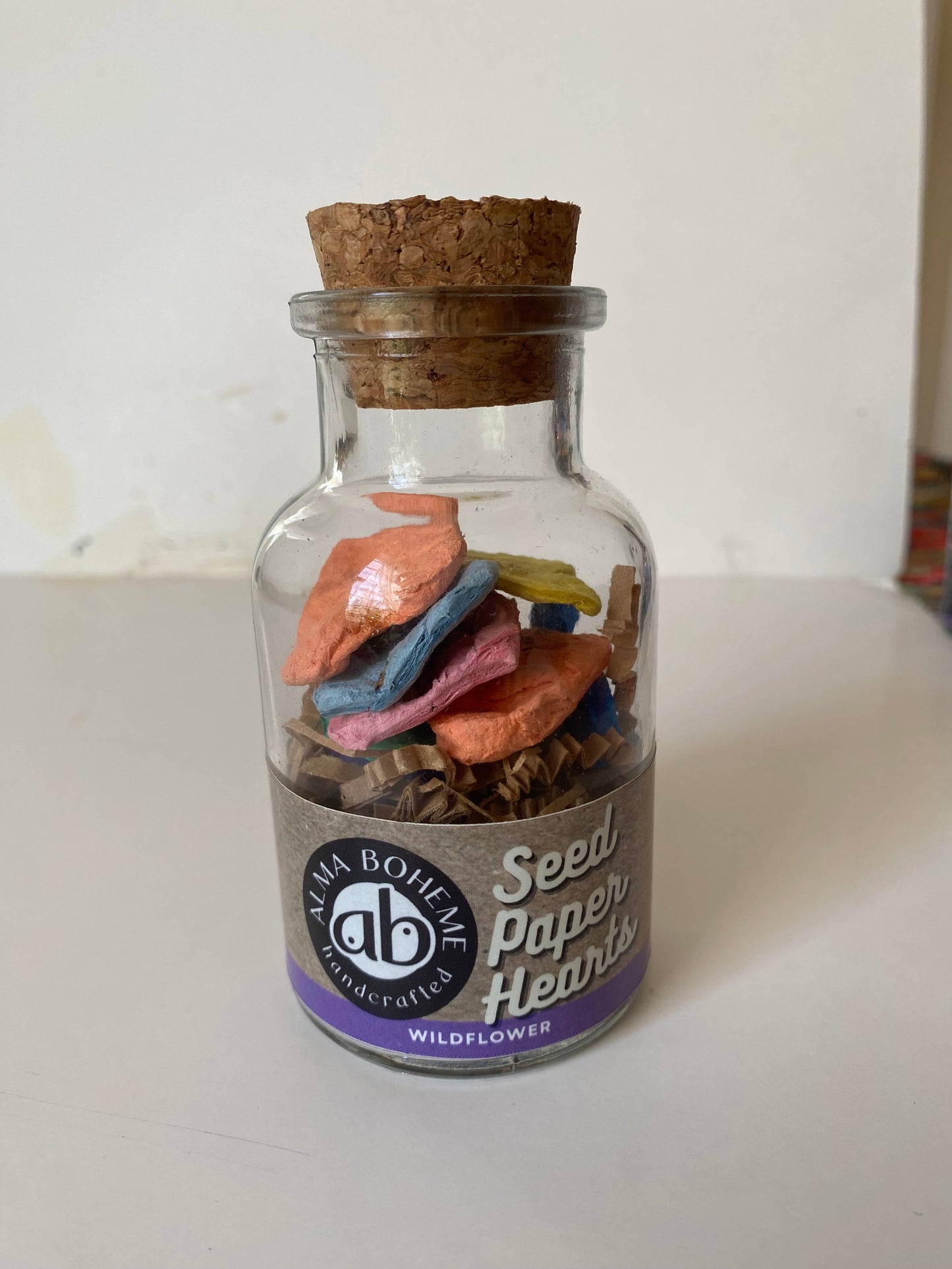 Wildflower Seed Paper Hearts in glass jar with cork lid