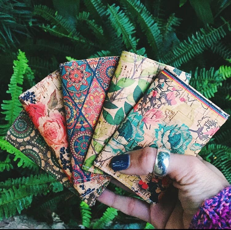 Cork Bifold Wallet / Card Holder - Nature prints: Peonies