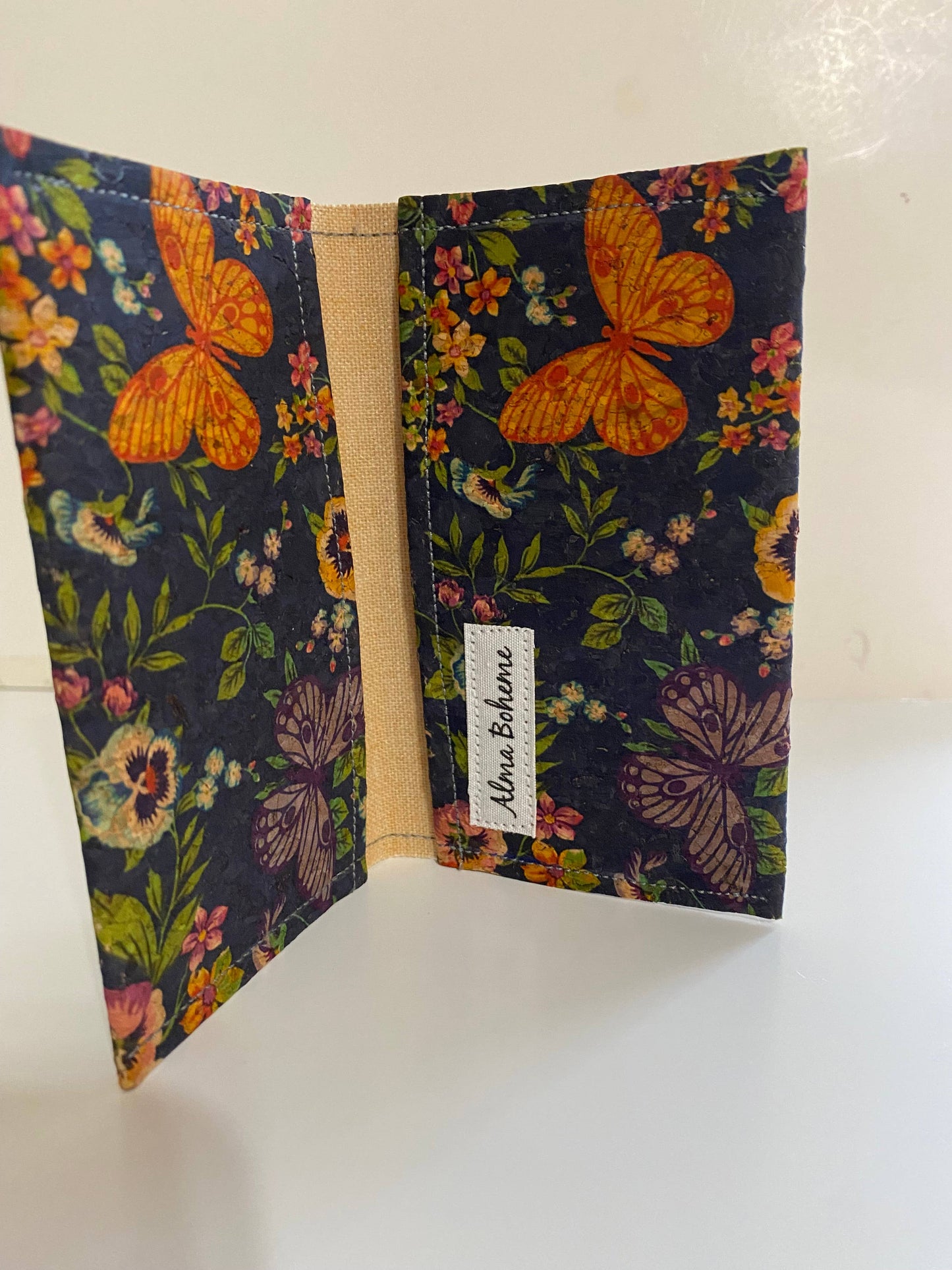 Cork Bifold Wallet / Card Holder - Nature prints: Moth on navy