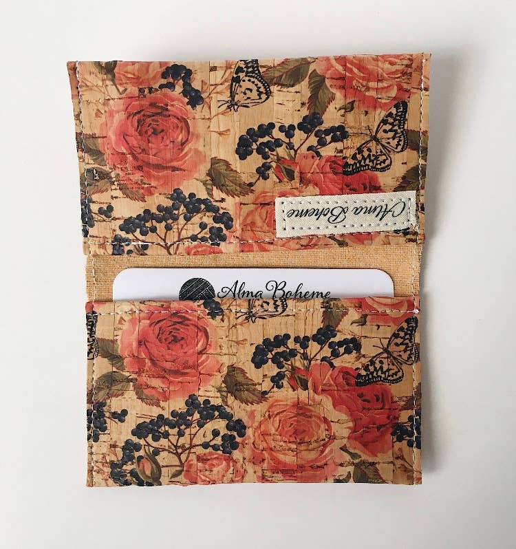 Cork Bifold Wallet / Card Holder - Nature prints: Moth on navy