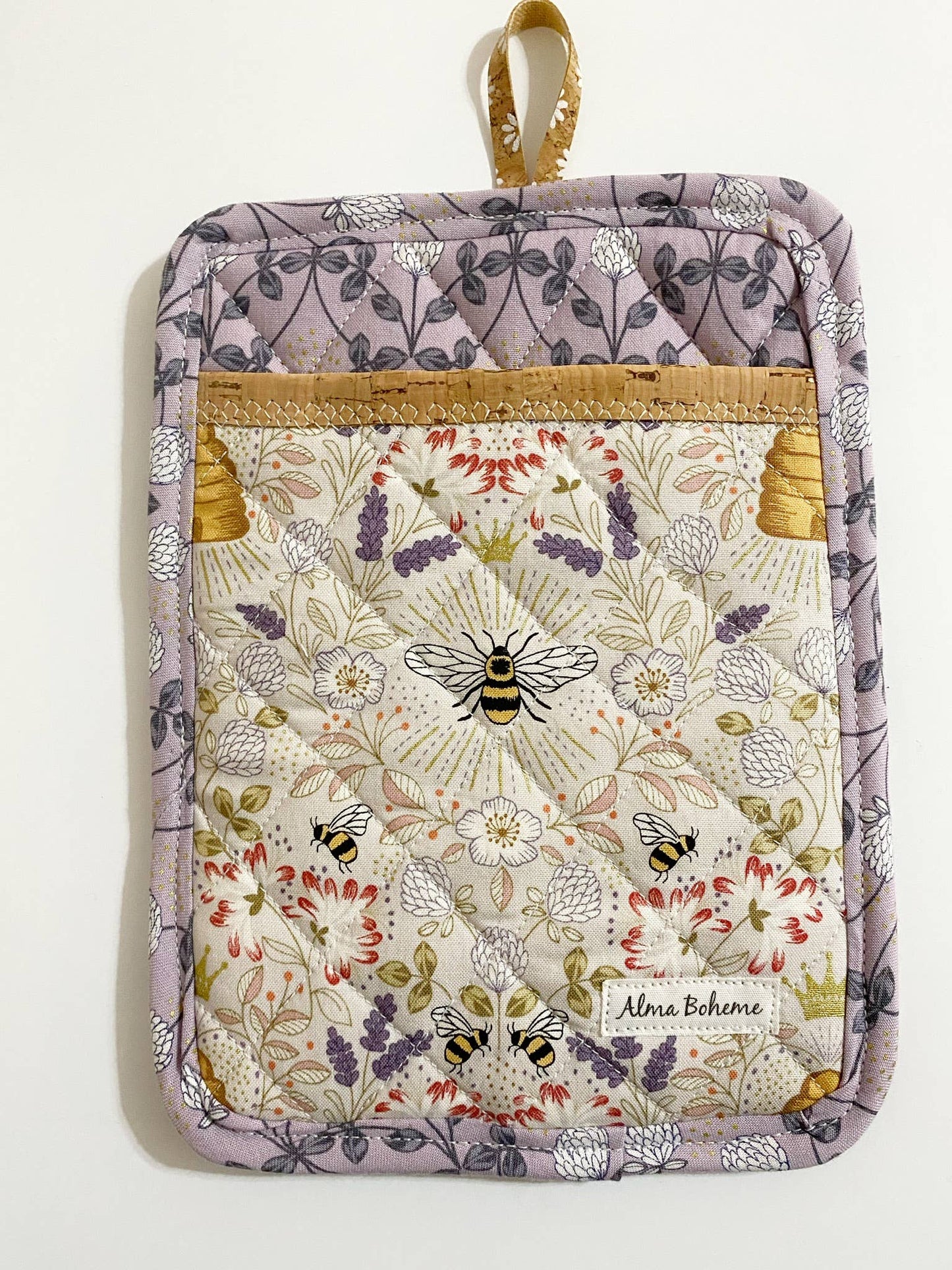 Cork & Cotton Sustainable Pot Holder with Pocket: Queen Bee