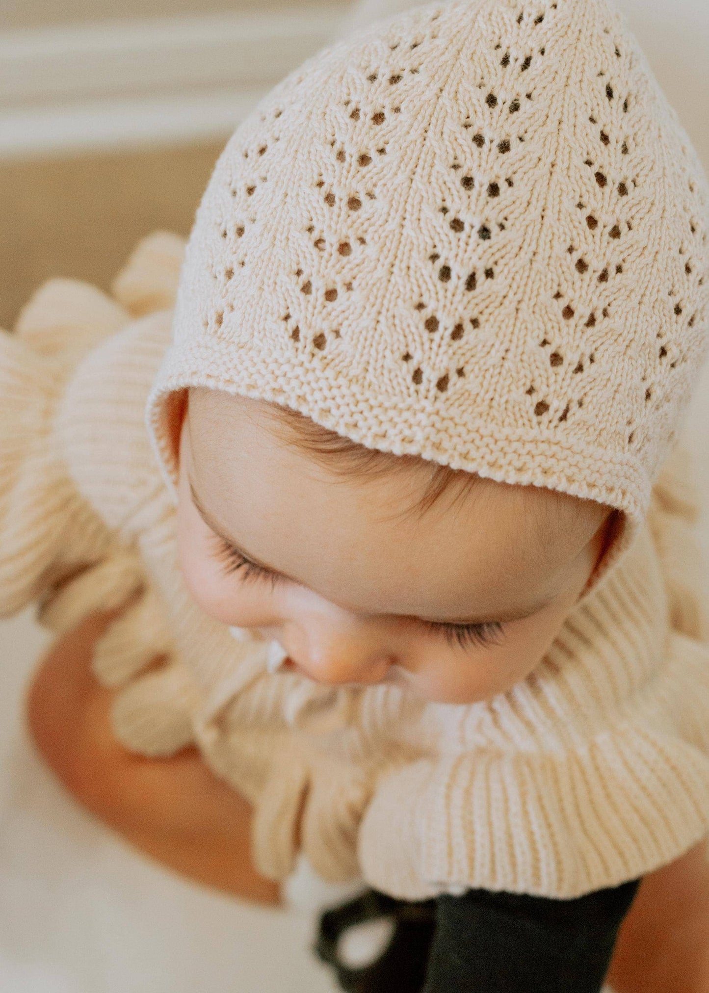 6-12m Baby Knit Bonnet Cotton lace Hat| Jamie: DustyPink