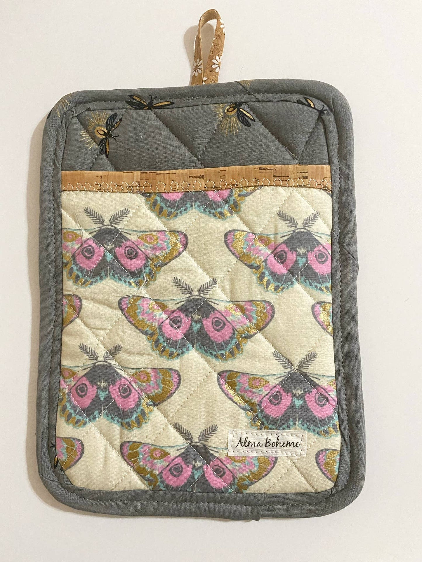 Cork & Cotton Sustainable Pot Holder with Pocket: Glow Moth