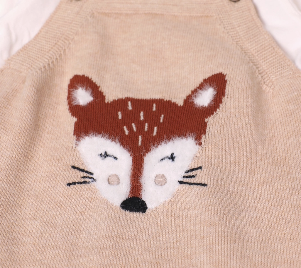 Furry Fox Sweater Knit Baby Overall Bodysuit Set