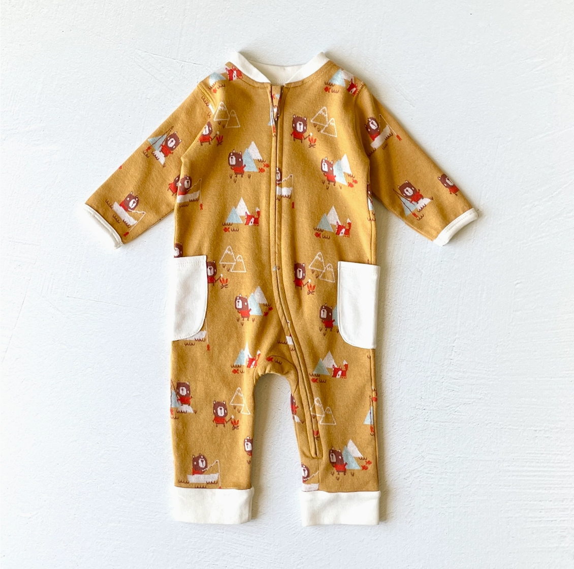 Camping Bear & Fox Zipper Side Pocket Organic Jacquard Baby Jumpsuit