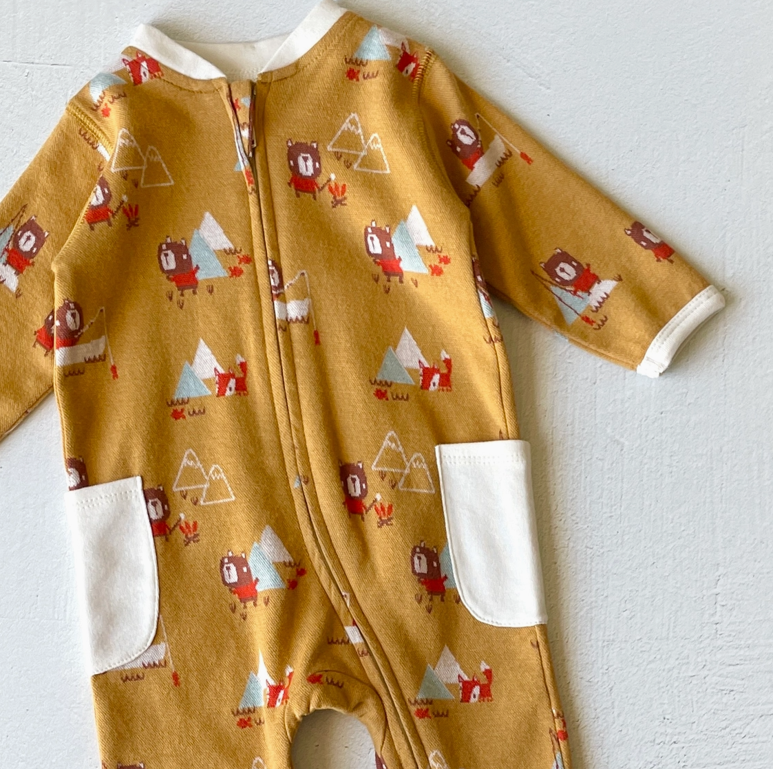 Camping Bear & Fox Zipper Side Pocket Organic Jacquard Baby Jumpsuit