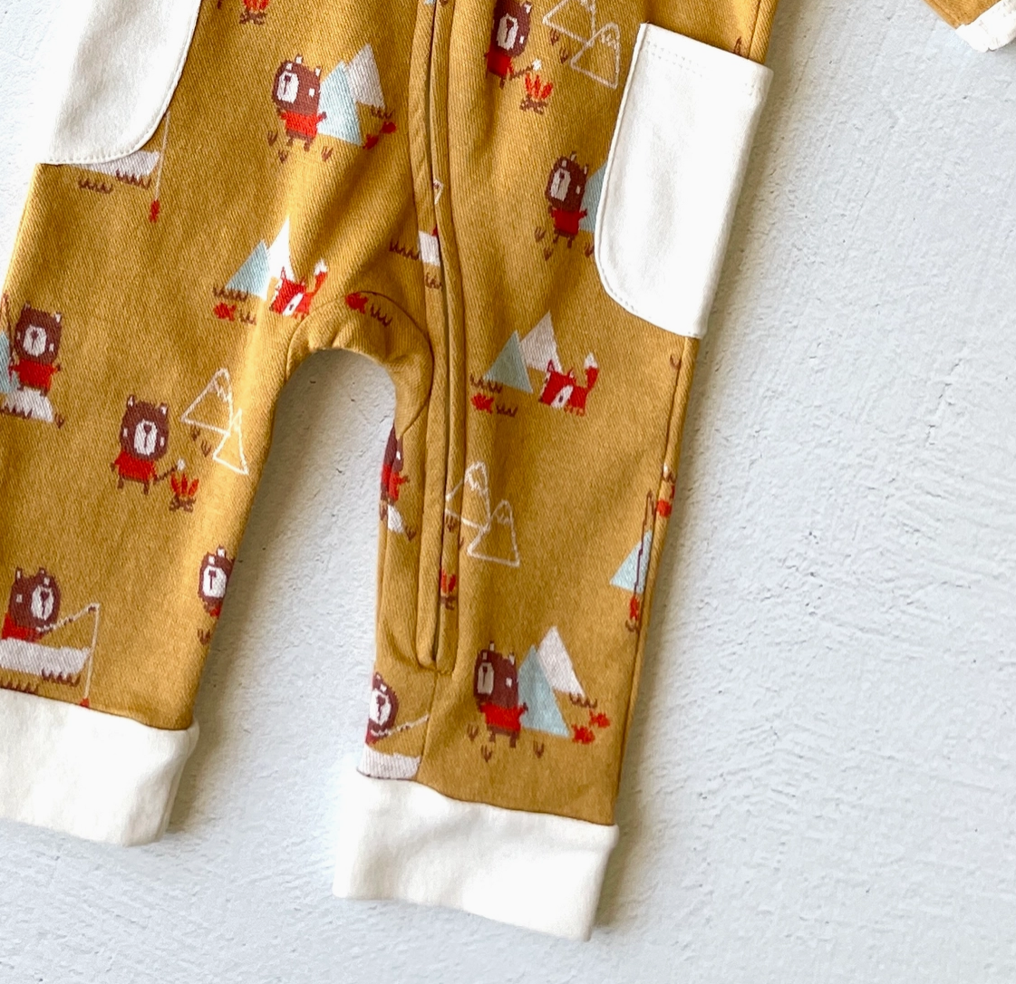 Camping Bear & Fox Zipper Side Pocket Organic Jacquard Baby Jumpsuit