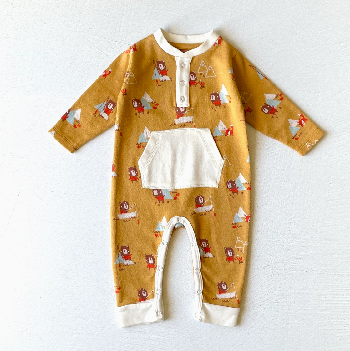 Camping Bear & Fox Kangaroo Pocket Organic Jacquard Baby Jumpsuit