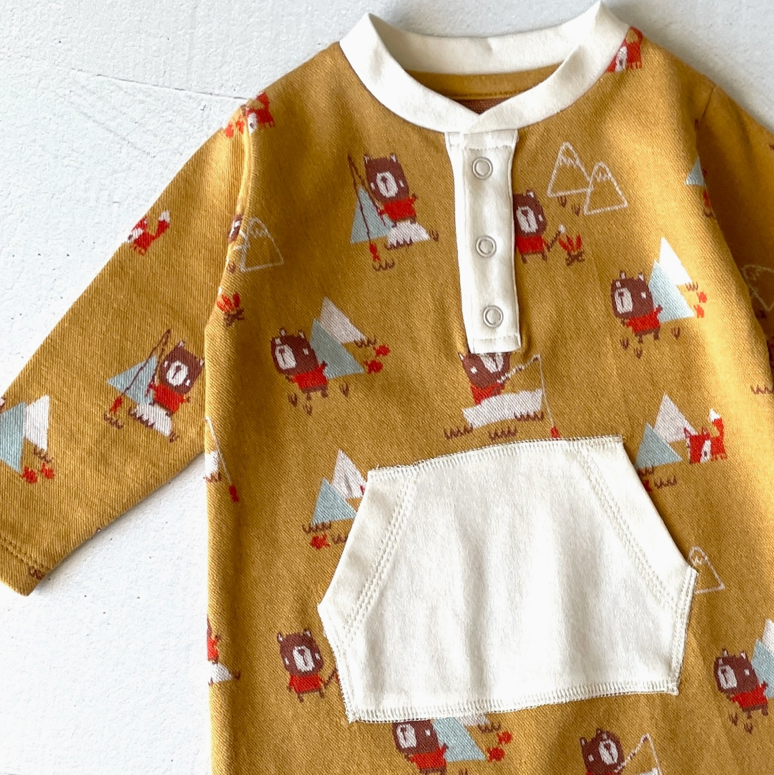 Camping Bear & Fox Kangaroo Pocket Organic Jacquard Baby Jumpsuit