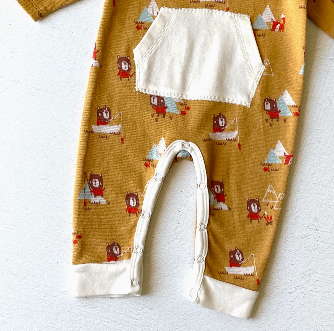 Camping Bear & Fox Kangaroo Pocket Organic Jacquard Baby Jumpsuit