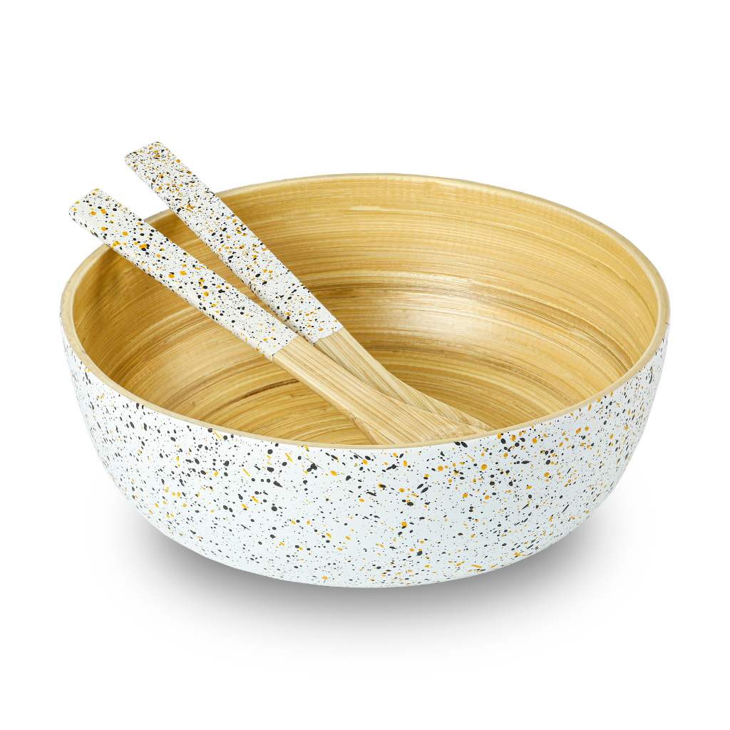 Bamboo Salad Server Set | Wooden Salad Tongs (Spoon & Fork): White