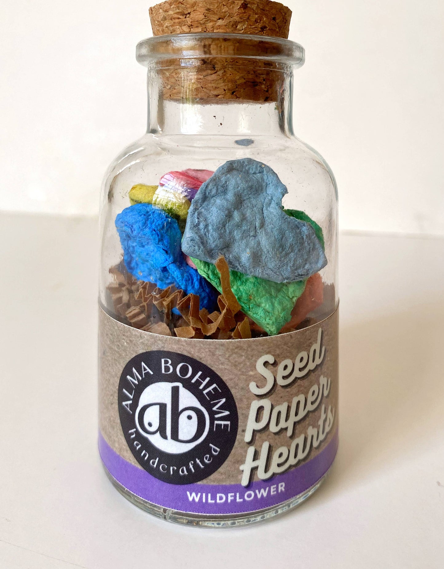 Wildflower Seed Paper Hearts in glass jar with cork lid