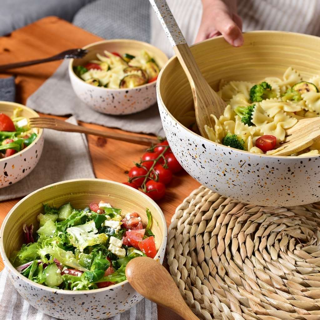 Bamboo Salad Server Set | Wooden Salad Tongs (Spoon & Fork): White