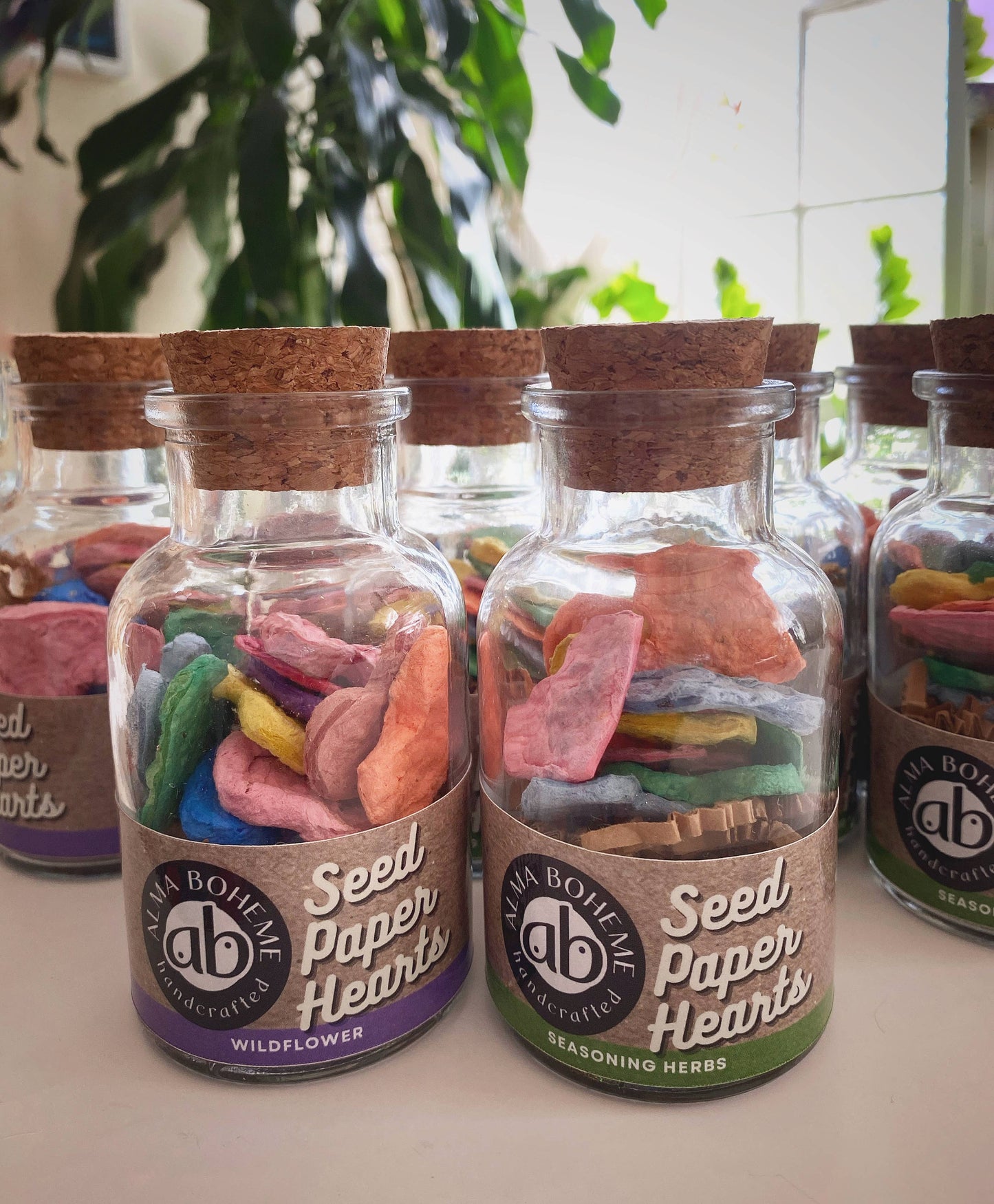 Wildflower Seed Paper Hearts in glass jar with cork lid