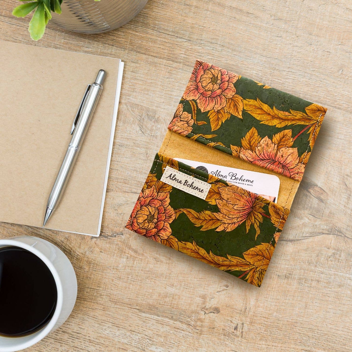 Cork Bifold Wallet / Card Holder - Nature prints: Peonies