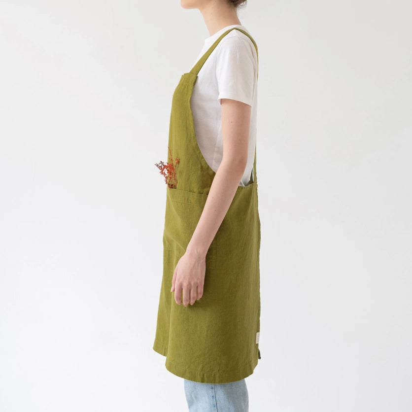 Moss Green Linen Crossback Apron