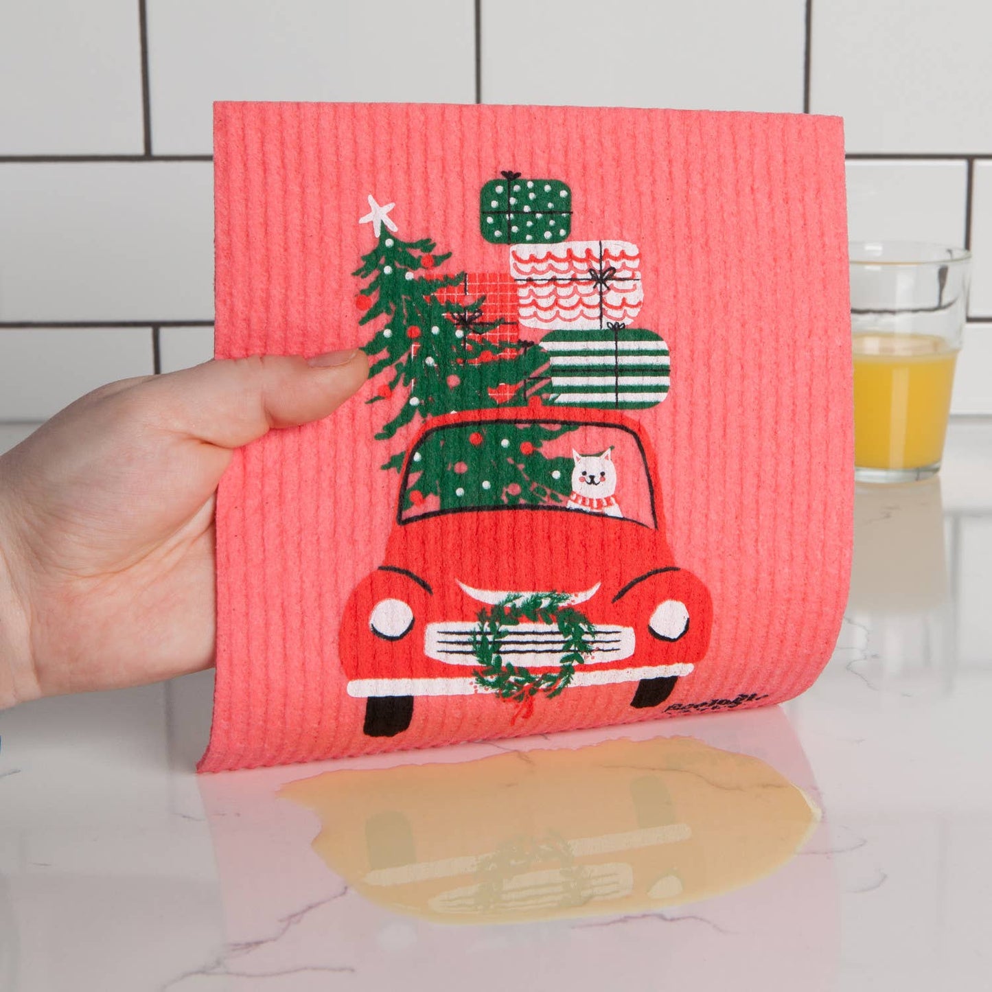 Winter Wheels Cat Swedish Dishcloth