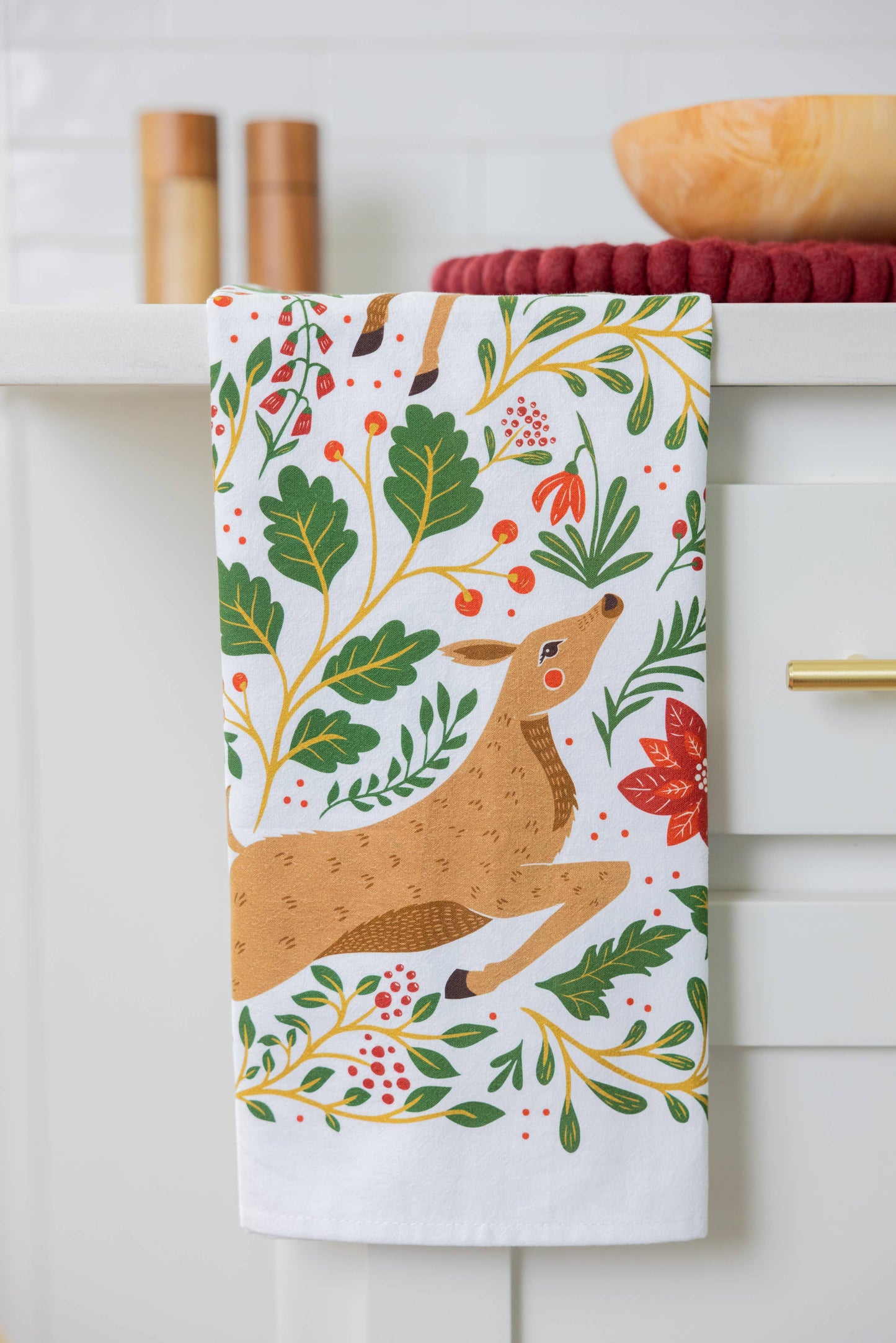 Christmas Forest Tea Towel – Woodland Animals & Poinsettias