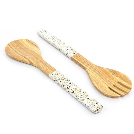 Bamboo Salad Server Set | Wooden Salad Tongs (Spoon & Fork): White