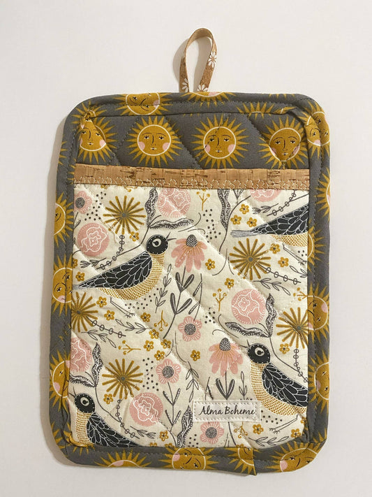 Cork & Cotton Sustainable Pot Holder with Pocket: Morning Songbird