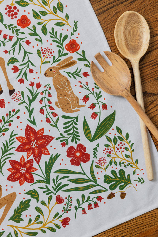Christmas Forest Tea Towel – Woodland Animals & Poinsettias