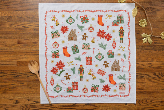 Festive Trinkets Tea Towel – Whimsical Holiday
