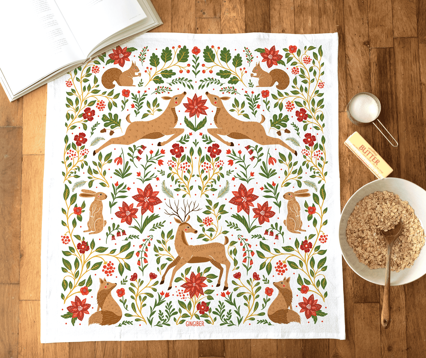 Christmas Forest Tea Towel – Woodland Animals & Poinsettias