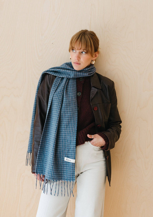 Lambswool Scarf in Blue Tweed Check