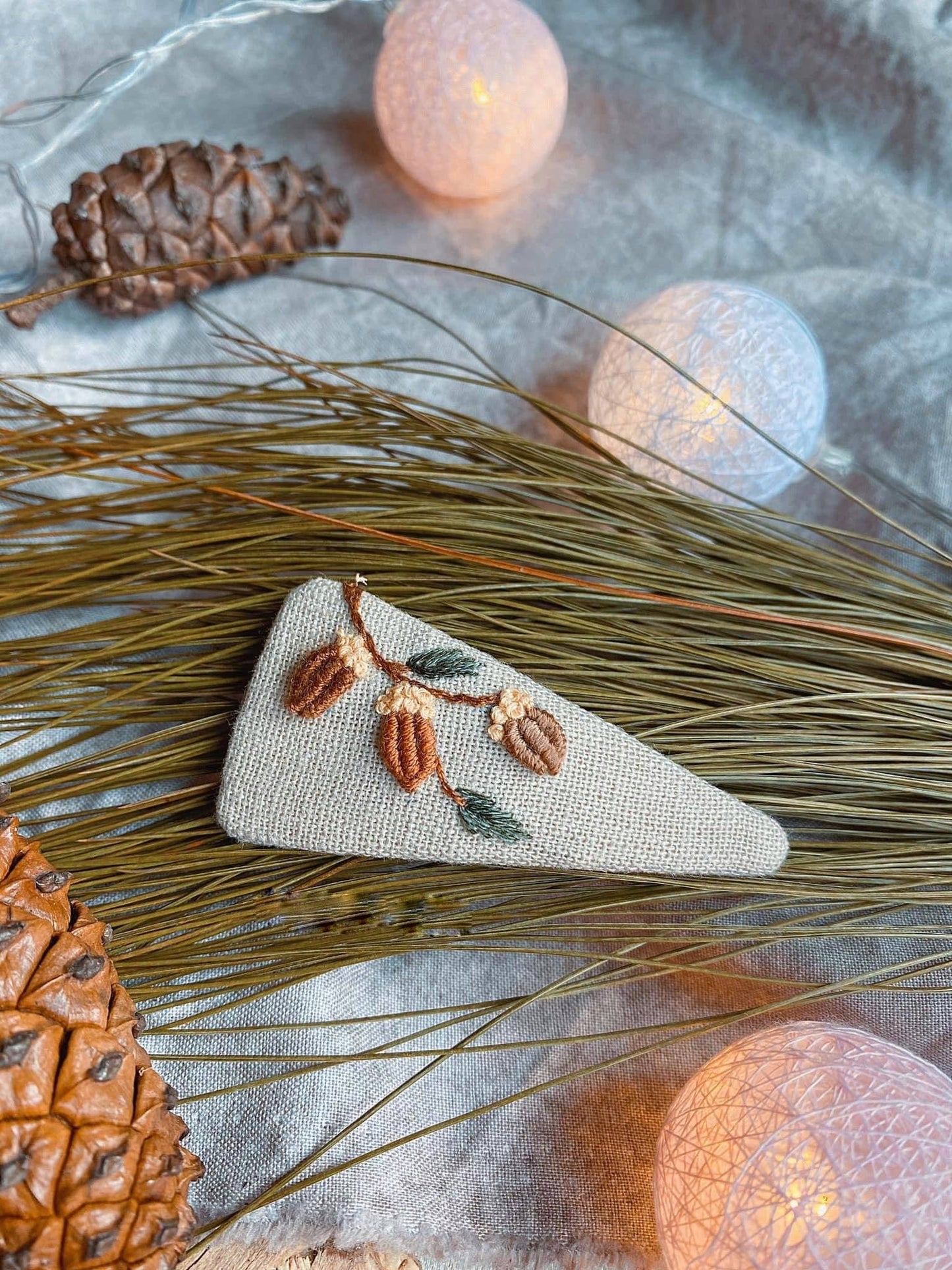 Wreath & Nuts Embroidered Hair Barrette, Vines