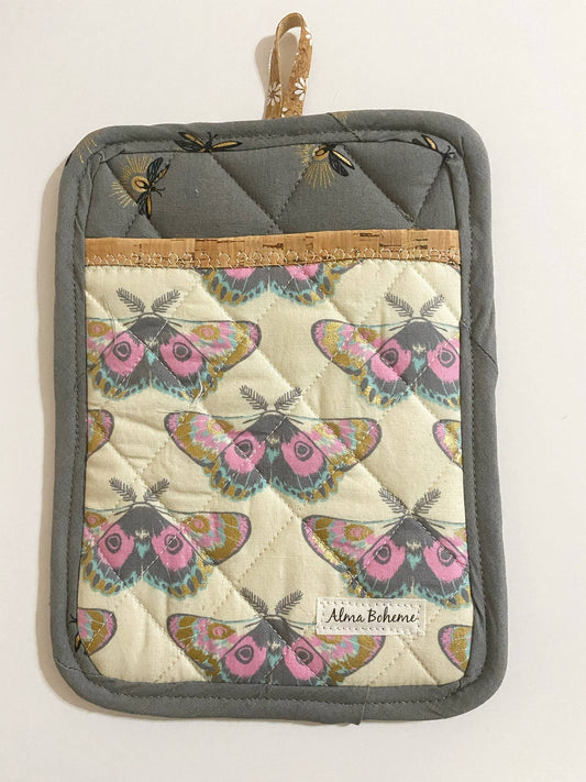 Cork & Cotton Sustainable Pot Holder with Pocket: Glow Moth