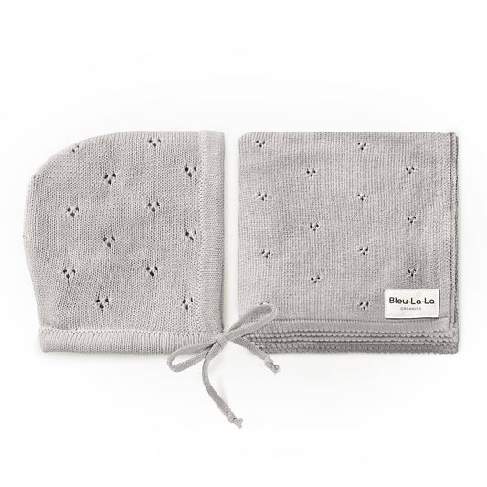 100% Organic Cotton Luxury Organic Blanket + Bonnet Hat Set: Dove Gray