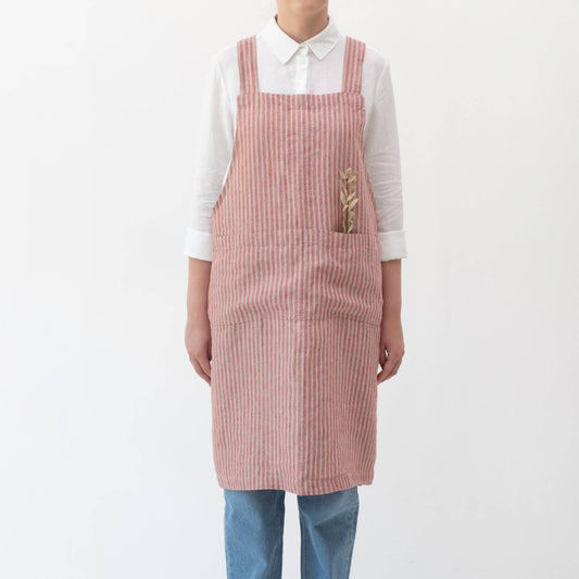 Red Natural Stripes Linen Crossback Apron