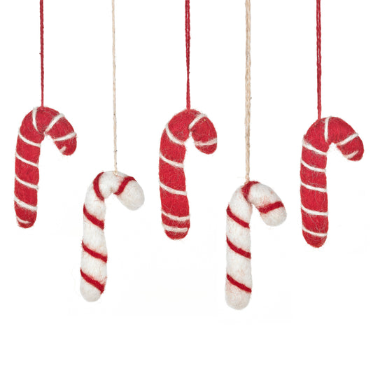Handmade Felt Candy Cane Set of 5 Hanging Decorations Felt So Good