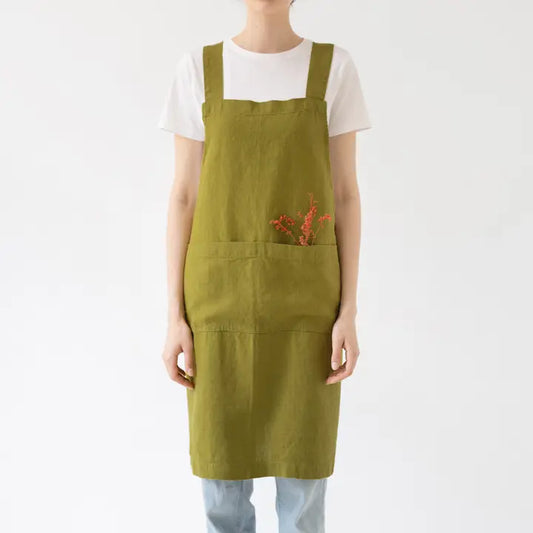 Moss Green Linen Crossback Apron