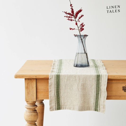 Green Stripe Vintage Linen Table Runner - Linen Tales