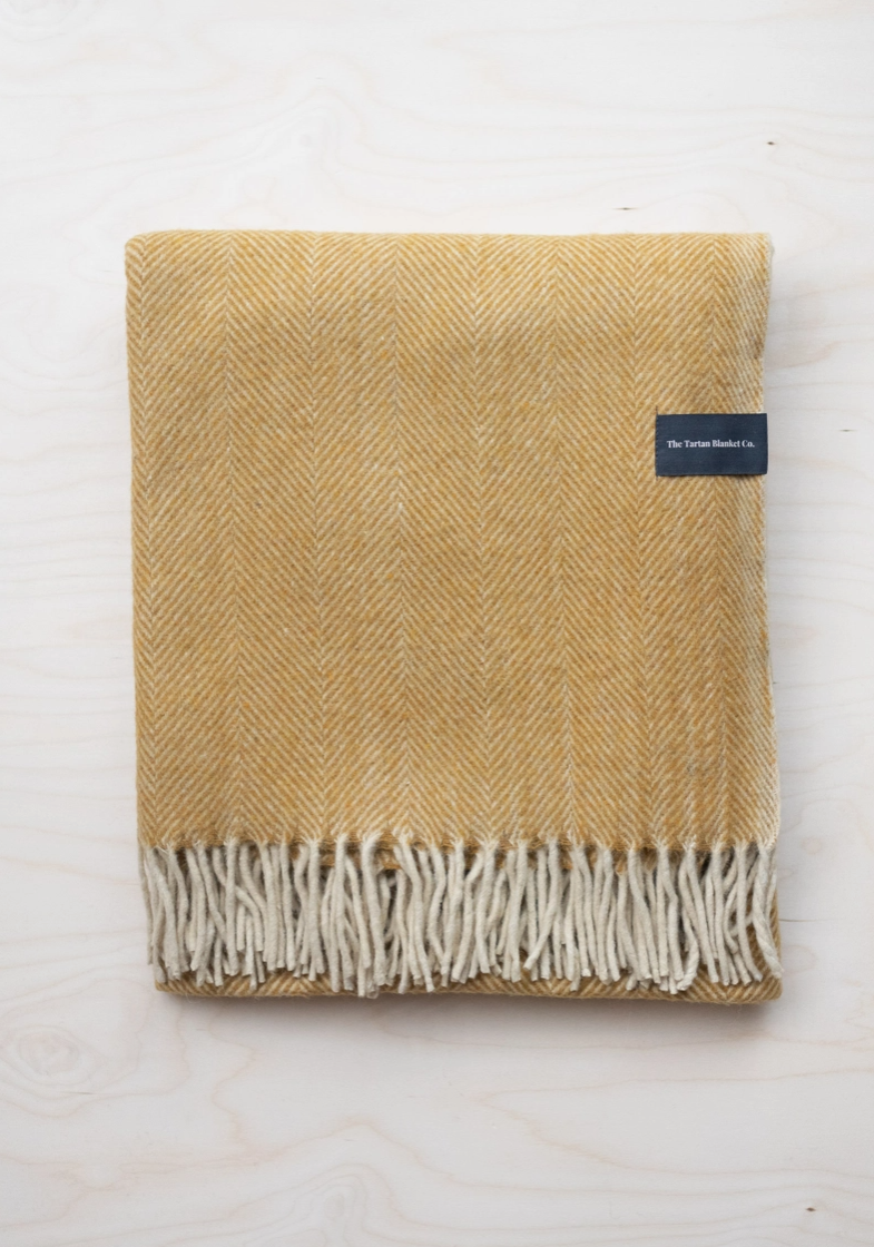 Recycled Wool Blanket in Mustard Herringbone