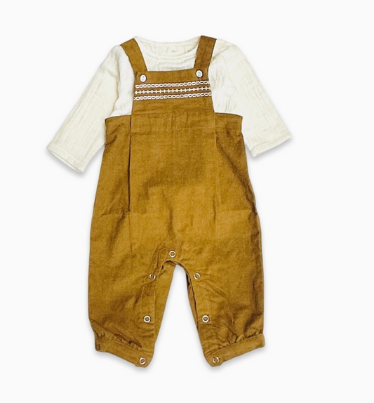 Organic Corduroy Baby Overall Set in Mustard Yellow with Muslin Shirt