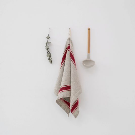 Red Stripe Vintage Linen Kitchen Towel - Linen Tales