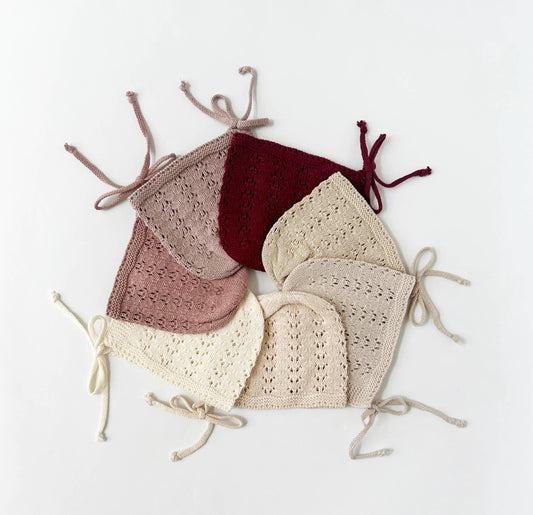 6-12m Baby Knit Bonnet Cotton lace Hat| Jamie: Cranberry