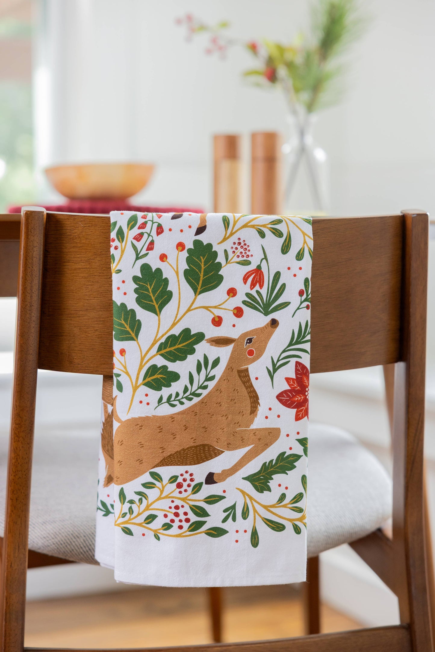 Christmas Forest Tea Towel – Woodland Animals & Poinsettias