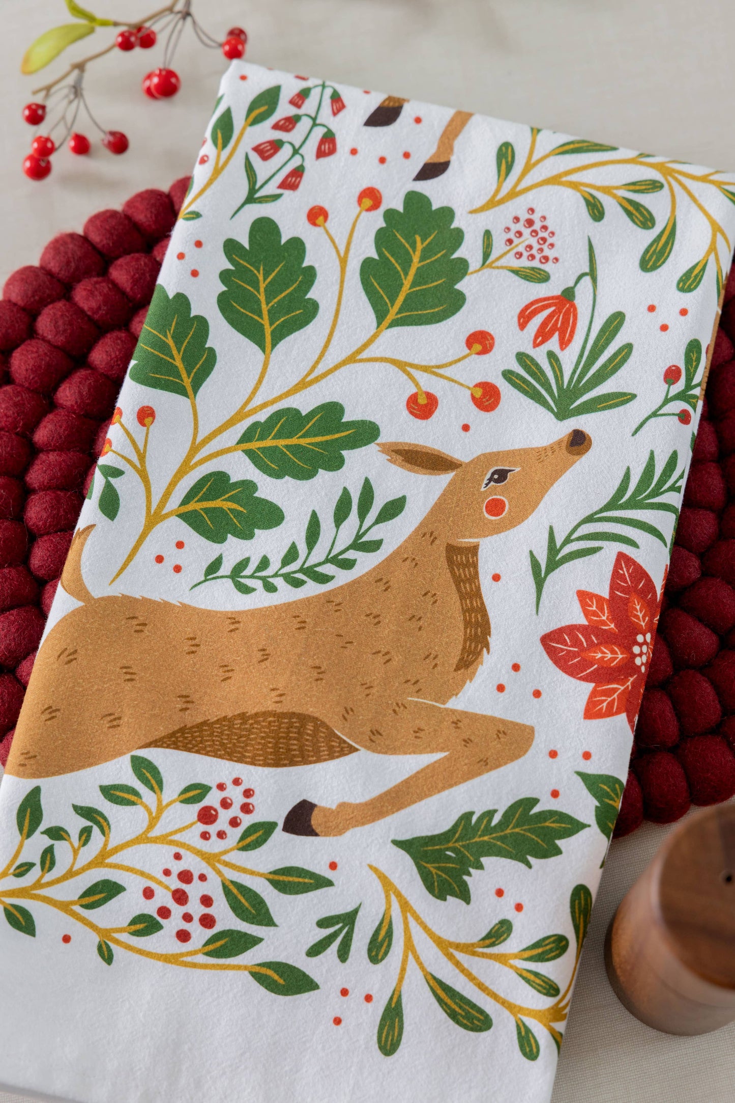 Christmas Forest Tea Towel – Woodland Animals & Poinsettias